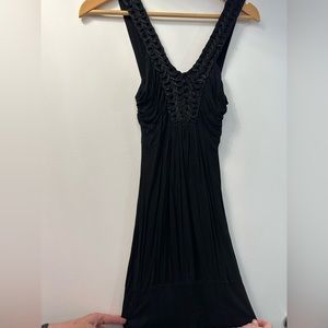 Black V neck mini dress, lightweight with V neck and strap detail